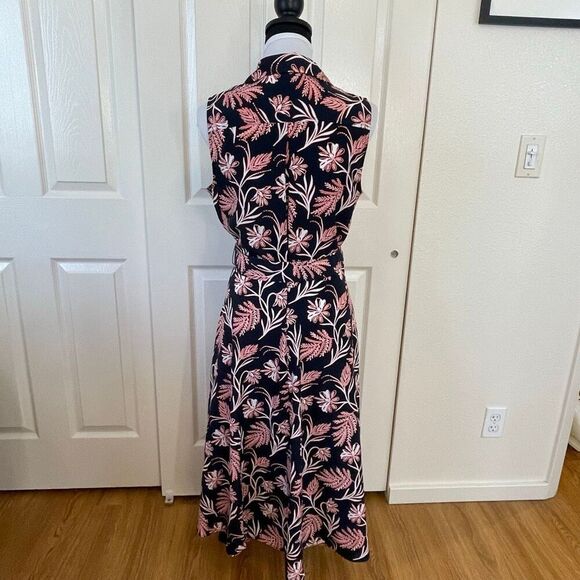 Banana Republic Navy Blue Coral Floral Midi Button Down Tie Waist Sleeveless Shi - Picture 3 of 10